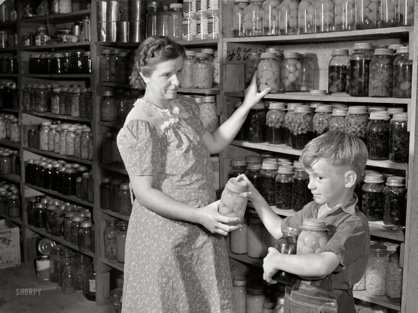 Photo showing: By Their Fruits -- September 1941. Mrs. Harvey Renninger and son in her home with canned goods. Waterloo, Nebraska.