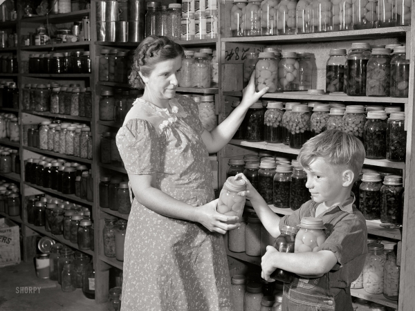Photo showing: By Their Fruits -- September 1941. Mrs. Harvey Renninger and son in her home with canned goods. Waterloo, Nebraska.