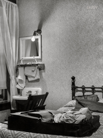 Photo showing: Unpacked -- June 1939. Hotel bedroom. Elkins, West Virginia.