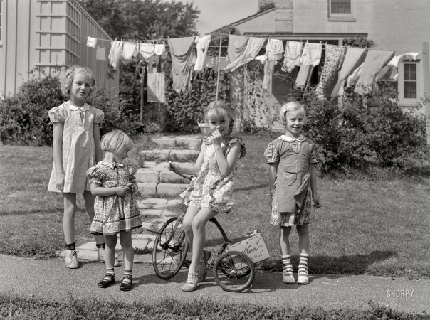 Photo showing: Greendale Girls -- September 1939. Children who live at Greendale, Wisconsin, a model community
planned by the Suburban Division of the U.S. Resettlement Administration.
