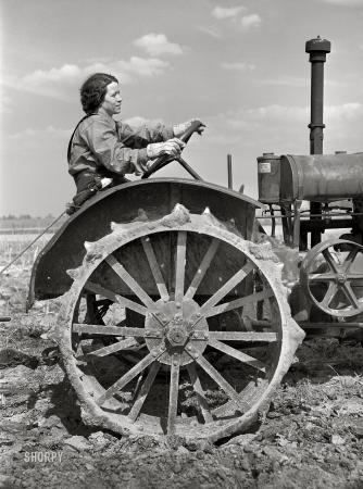 Photo showing: No Mans Land -- May 1940. Grant County, Illinois. FSA rehabilitation borrower operating
tractor. She and her mother run the farm without the assistance of any men.