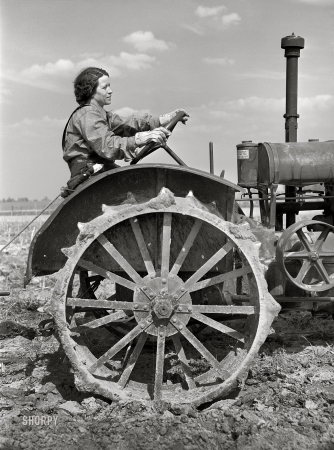 Photo showing: No Mans Land -- May 1940. Grant County, Illinois. FSA rehabilitation borrower operating
tractor. She and her mother run the farm without the assistance of any men.