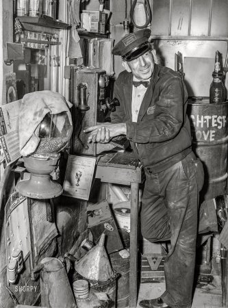 Photo showing: Service Man -- July 1940. Gas station attendant. Millburg, Michigan.