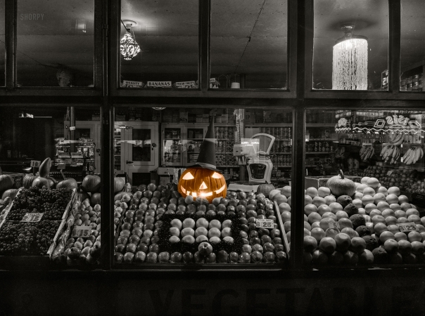 Photo showing: Trick or Treat! -- October 1940. Grocery store in Fargo, North Dakota.