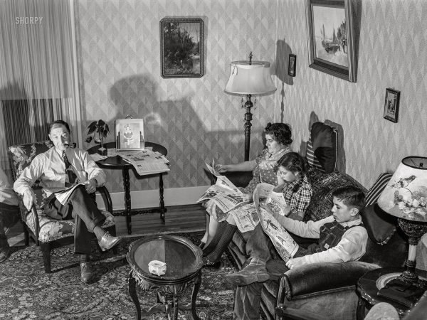 Photo showing: Family Newspaper -- November 1940. Aberdeen, South Dakota. L.M. Schulstad,<br  />
traveling salesman for hardware company, at home with his family.