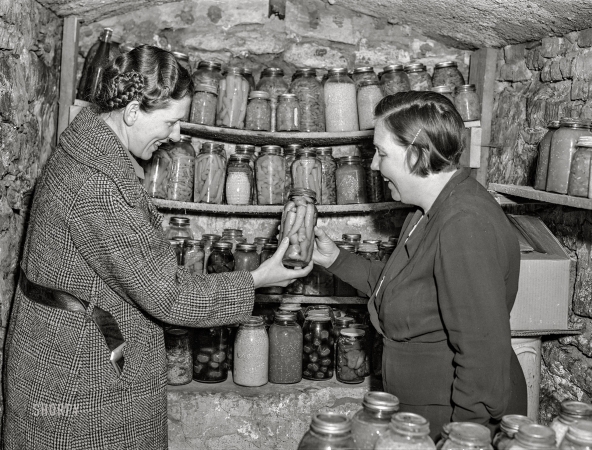 Photo showing: Girl Cave -- November 1940. Home supervisor examining canned goods of
FSA rehabilitation borrower in food storage cave. Labette County, Kansas.