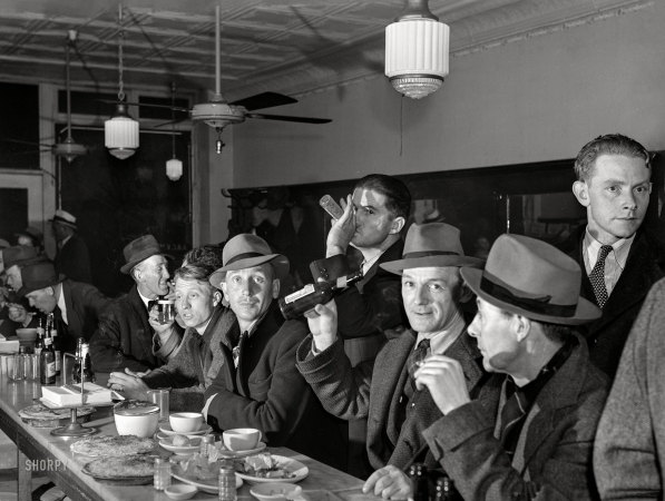 Photo showing: Busy Beers -- December 1940. Radford, Virginia. Crowd at bar of Busy Bee Restaurant.