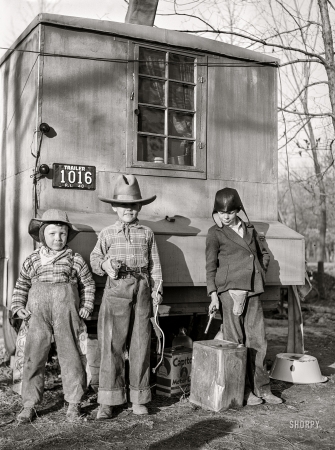 Photo showing: Half-Pint Posse -- March 1941. Children of construction workers in trailer camp. Portsmouth, Virginia.