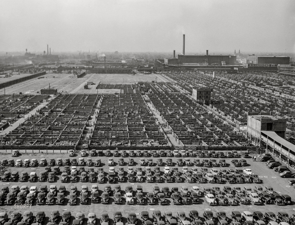 Photo showing: The Herd -- July 1941. Union Stockyards, Chicago. Employees' parking lot in the foreground.
