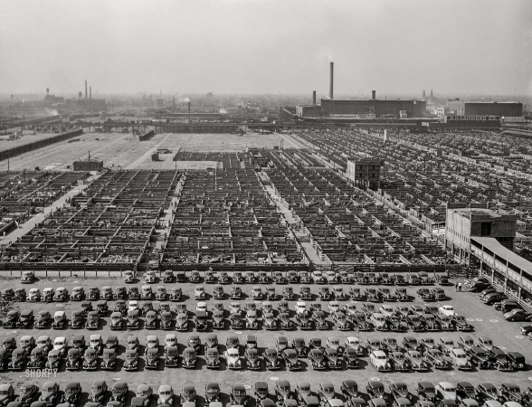 Photo showing: The Herd -- July 1941. Union Stockyards, Chicago. Employees' parking lot in the foreground.