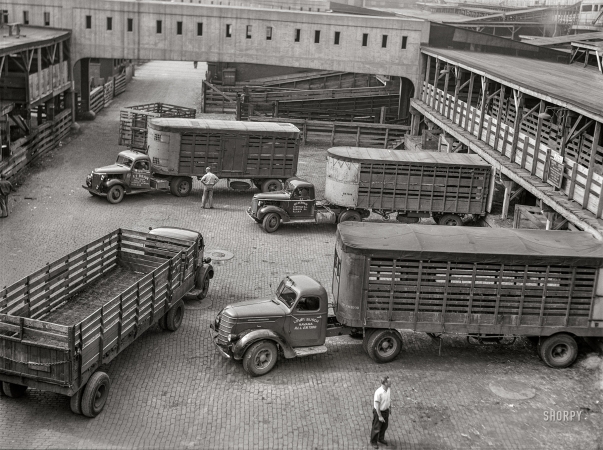 Photo showing: Chicago Rodeo -- June 1941. Trucks at Union Stockyards. Chicago, Illinois.