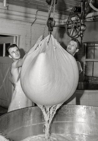 Photo showing: The Big Cheese -- July 1941. Removing the curd from the whey. Swiss cheese factory in Madison, Wisconsin.