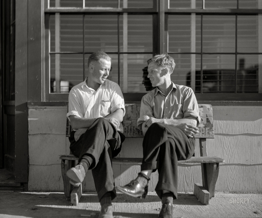 Photo showing: The Bros of Summer -- August 1941. Sunday afternoon. Farm boys in front of beer parlor
in the Finnish community of Bruce Crossing, Michigan.