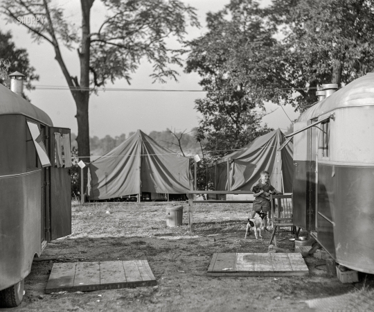 Photo showing: Dog Daze -- August 1941. Edgewater Park trailer camp near the Ford bomber plant. Ypsilanti, Michigan.