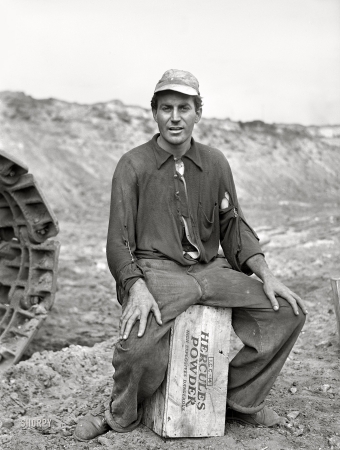 Photo showing: Rocket Man -- August 1941. Member of blasting crew at Danube Mine near Bovey, Minnesota.