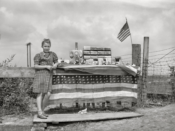 Photo showing: Souvenirs -- August 1941. Girl who sells pieces of ore and Iron Range souvenirs to tourists. Hibbing, Minnesota.