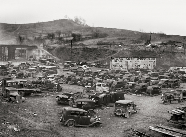 Photo showing: Dicks Wrecking -- January 1942. Wrecking yard in Clarksburg, West Virginia.