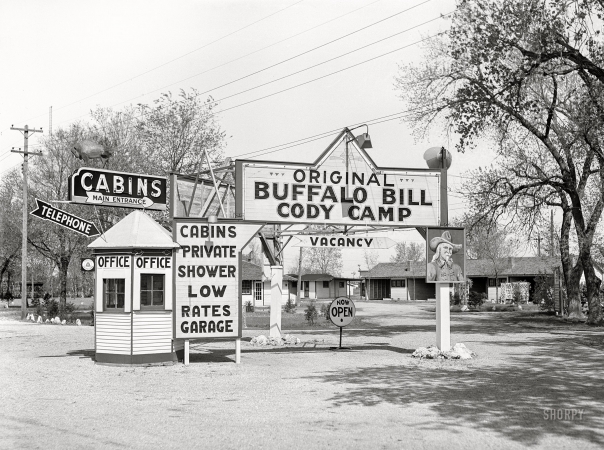 Photo showing: Buffalo Slept Here -- May 1942. North Platte, Nebraska. Tourist cabins.