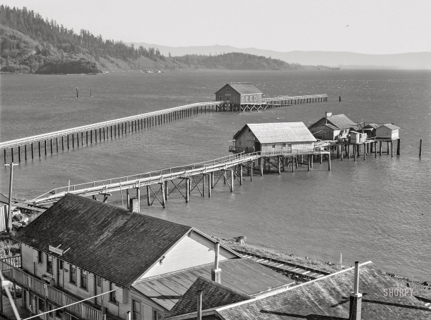 Photo showing: The Crab Shack -- October 1941. Waterfront of Bay City, Oregon, a fishing town.