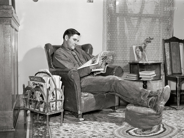 Photo showing: The Informed Farmer -- November 1941. Lee Wagner, Black Canyon Project farmer, at home. Canyon County, Idaho.