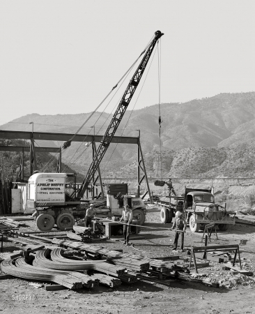 Photo showing: Steel Erection -- December 1941. Bending reinforcing steel which will be used in construction of Shasta Dam.
