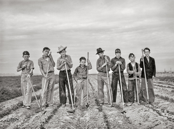 Photo showing: Hoes Before Bros -- February 1942. Eleven Mile Corner, Arizona. Boys learning to garden in the vocational training class.