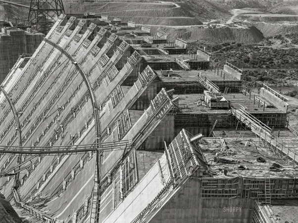 Photo showing: Just Add Water -- -- June 1942. Shasta Dam, Shasta County, California. The dam under construction.