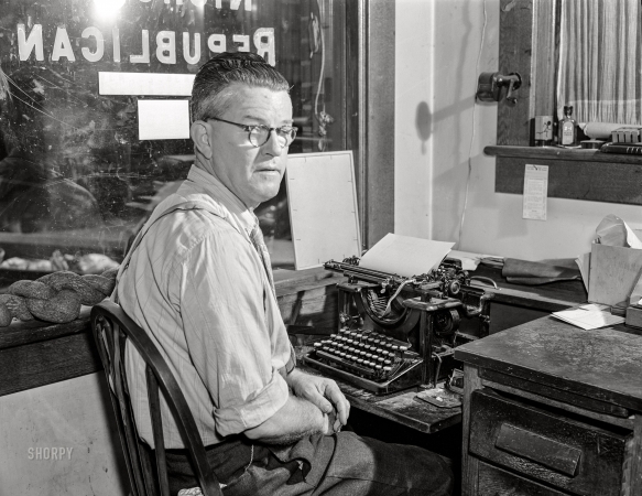 Photo showing: Small-Town Newsman -- Sept. 1942. Richwood, West Virginia. B.E. Thompson, editor of the Nicholas Republican.