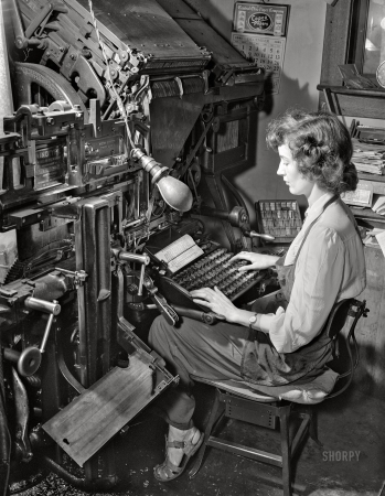 Photo showing: Just Let Me Compose Myself -- September 1942. Richwood, West Virginia. Lois Thompson, printer's devil, operating Linotype machine.
