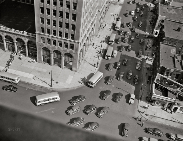 Photo showing: Second at Grand -- July 1942. Detroit, Michigan. Traffic at 5:30 on Second Avenue at Grand Boulevard.