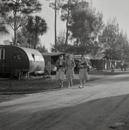 Photo showing: Apres-School -- January 1941. Sarasota, Florida, trailer park. Students coming from school in the afternoon.