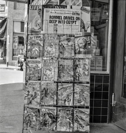 Photo showing: Yreka Comix -- June 26, 1942. Yreka, California. Magazine stand.