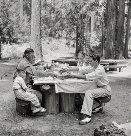 Photo showing: Picnic in the Park. -- July 1942. Klamath Falls, Oregon. Picnickers in city park.