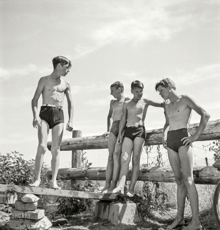 Photo showing: Last One In -- July 1942. Rupert, Idaho. Schoolboys at swimming pool.