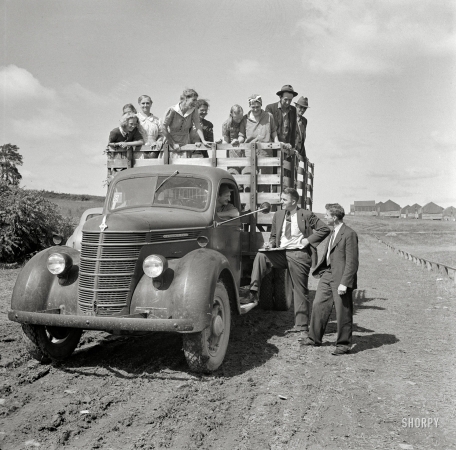 Photo showing: The Muck Truck -- September 1942. Batavia, New York (vicinity). Tomato harvest on
Nesbitt's farm. West Virginia crew of pickers en route to the muck fields.