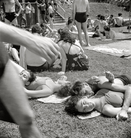 Photo showing: Splendor in the Grass -- July 1942. Washington, D.C. Sunday at the edge of the municipal swimming pool.