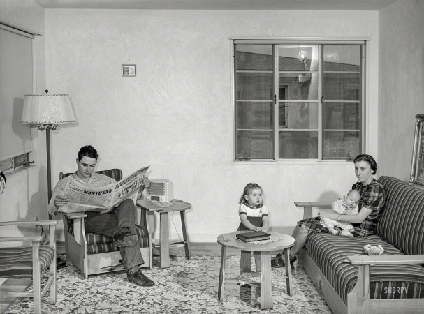 Photo showing: Family Room -- May 1941. San Diego. Family living at Kearney Mesa defense housing project.