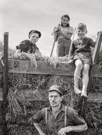 Photo showing: Hay Kids! -- August 1941. Isadore Lavictoire, French Canadian dairy farmer near Rutland, Vermont, and children.