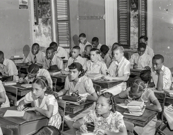 Photo showing: Christiansted High -- December 1941. Christiansted, Saint Croix Island, Virgin Islands. Class in the Christiansted high school.