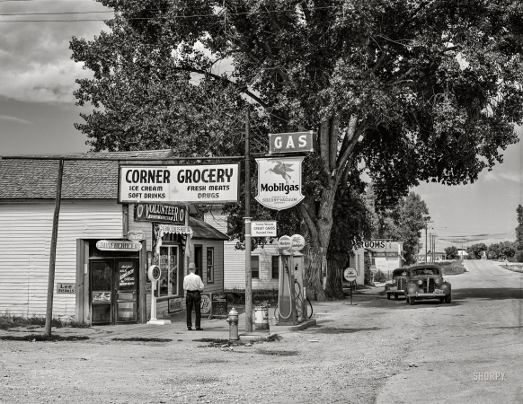 Photo showing: Wyo. Gro. -- September 1941. Grocery store on main street of Ranchester in Big Horn Mountains, Wyoming.