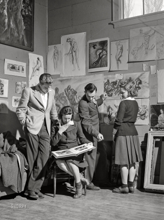 Photo showing: Agri Culture -- April 1942. Madison, Wisconsin. Members of the Blue Shield Country Life Club
of the University of Wisconsin visiting the studio of John Steuart Curry.