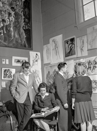 Photo showing: Figure Studies -- April 1942. Madison, Wisconsin. Members of the University of Wisconsin's
Blue Shield Country Life Club visiting the studio of John Steuart Curry.
