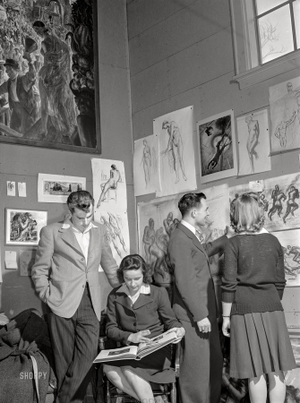 Photo showing: Figure Studies -- April 1942. Madison, Wisconsin. Members of the University of Wisconsin's
Blue Shield Country Life Club visiting the studio of John Steuart Curry.