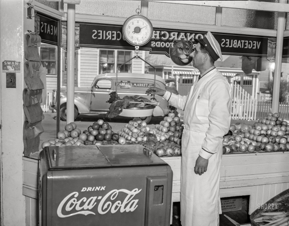 Photo showing: 2 lbs. Rhubarb -- April 1942. Provincetown, Massachusetts. Portuguese grocer.