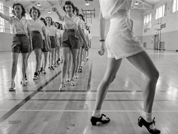 Photo showing: Gym Taps -- May 1942. Ames, Iowa. Tap dancing class in the gymnasium at Iowa State College.
