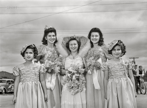 Photo showing: Queen Irene -- May 1942. Irene Farias, who was queen of the Saint Jude Society
of San Lorenzo, and her maids visit the Holy Ghost Festival at Novato.