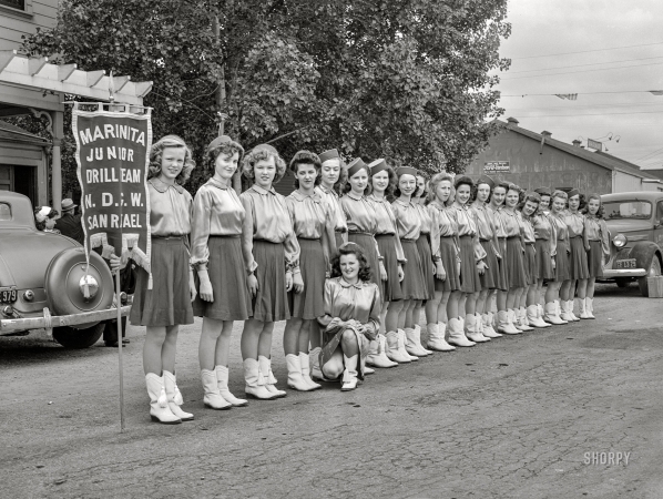 Photo showing: Native Daughters -- May 1942. Novato, California. Drill team which participated in
the parade at the Portuguese-American Festival of the Holy Ghost.