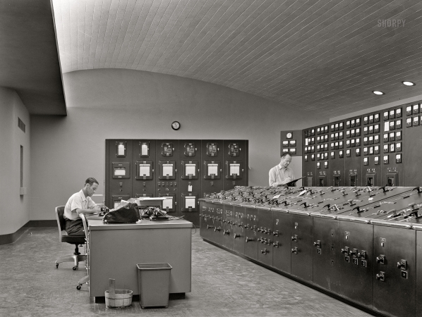 Photo showing: The Control Room -- June 1942. Watts Bar Dam, a Tennessee Valley Authority project. Control room.