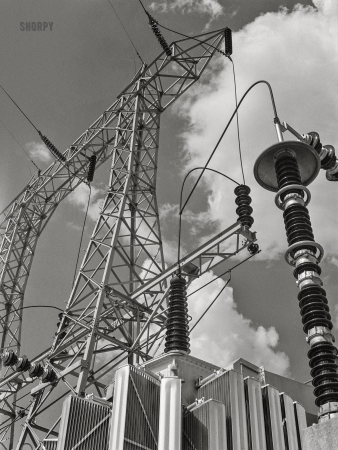 Photo showing: Live Wires -- June 1942. Wheeler Dam, Alabama (Tennessee Valley Authority). Substation.