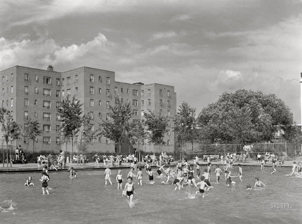 Photo showing: Water Sprites -- June 1942. Brooklyn, New York. Red Hook housing development. Children in wading pool at play center.